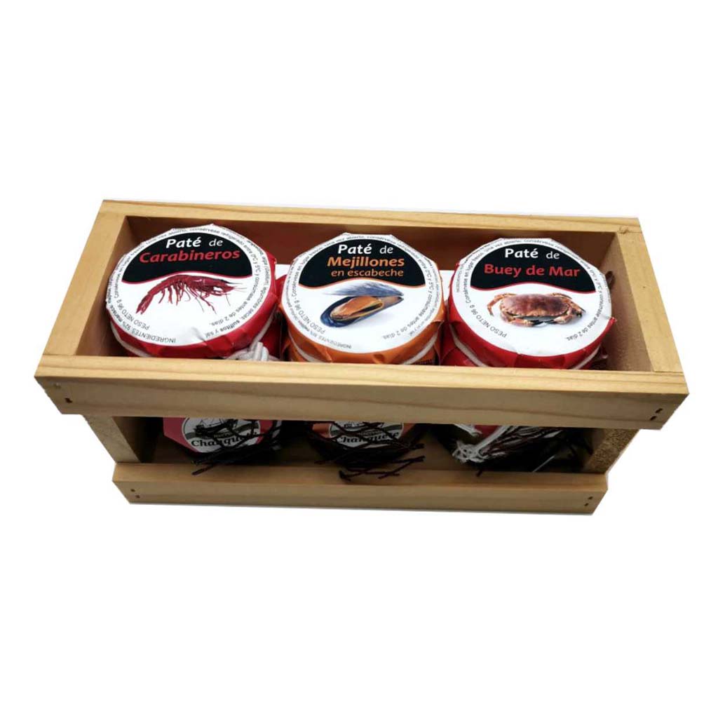 Pack 3 Patés Variados en Caja de Madera Conservas Chanquete